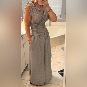 Max Studio London Smocked Waist Wide Leg Jumpsuit Small Boho Stripe Pockets